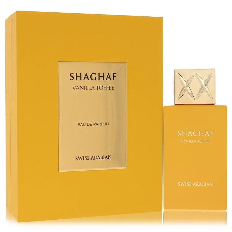 Swiss Arabian Shaghaf Vanilla Toffee Perfume bottle — gourmand unisex Eau de Parfum with coffee, toffee, dates, vanilla, walnut, brown sugar, musk, tonka bean, and woods