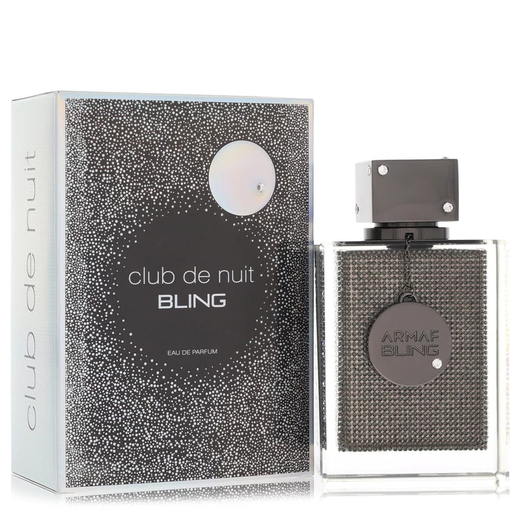 Armaf Club De Nuit Bling Eau de Parfum bottle — woody fresh floral cologne for men with bergamot, lemon, grapefruit, violet, jasmine, rose, sandalwood, patchouli, amber, and musk notes.