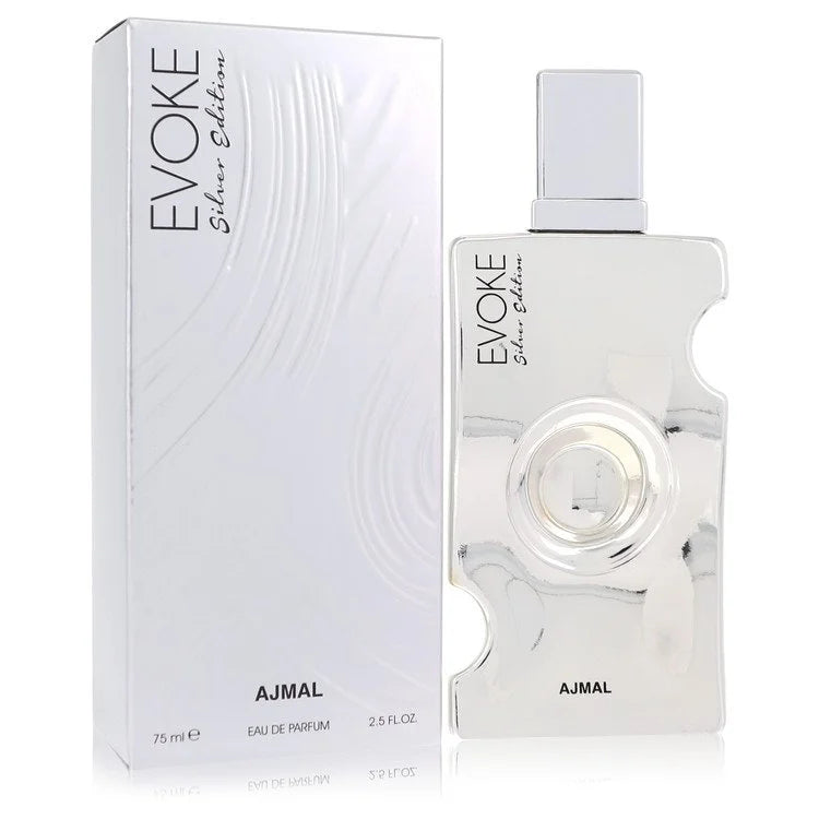 Ajmal Evoke Silver Edition bottle — floral woody musk women's fragrance with bitter orange, rose, vanilla, and sandalwood notes
