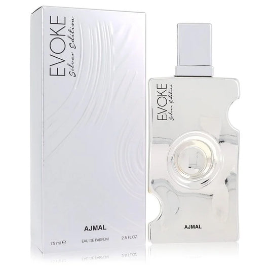 Ajmal Evoke Silver Edition bottle — floral woody musk women's fragrance with bitter orange, rose, vanilla, and sandalwood notes

