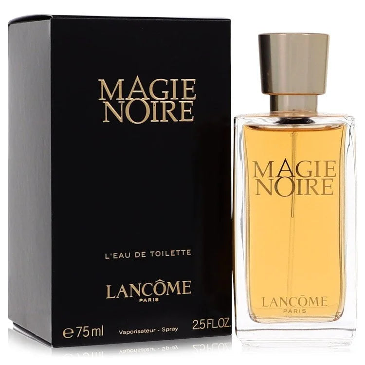 Lancôme Magie Noire Eau de Toilette for Women bottle - Women's chypre floral fragrance with galbanum, hyacinth, cassia, Bulgarian rose, honey, tuberose, narcissus, civet, oakmoss, incense, and myrrh