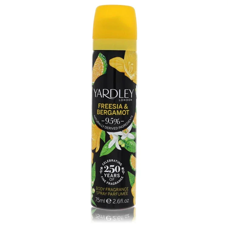 Yardley Freesia & Bergamot body fragrance spray on a white background