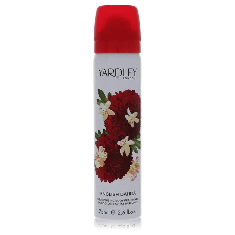 Yardley English Dahlia deodorant spray bottle on a white background