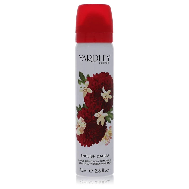 Yardley English Dahlia deodorant spray bottle on a white background