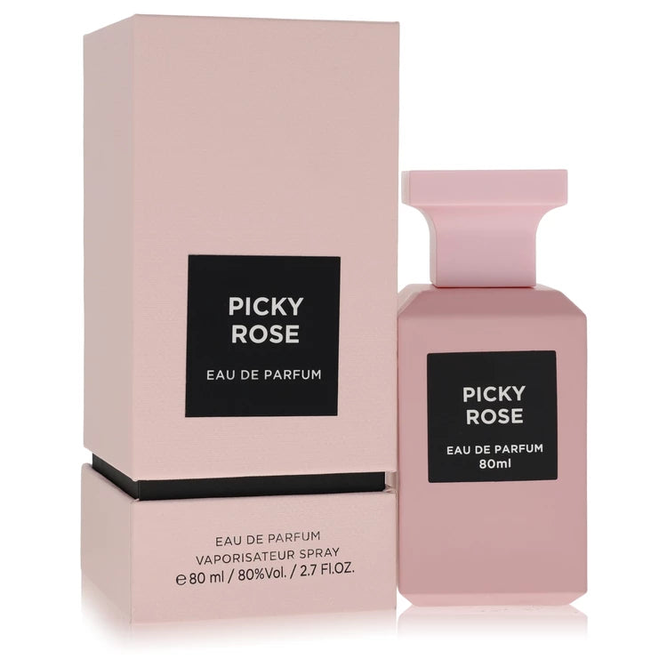 Fragrance World Picky Rose Eau de Parfum bottle with Sichuan pepper, turmeric, Bulgarian rose, Turkish rose, May rose, patchouli and tonka bean