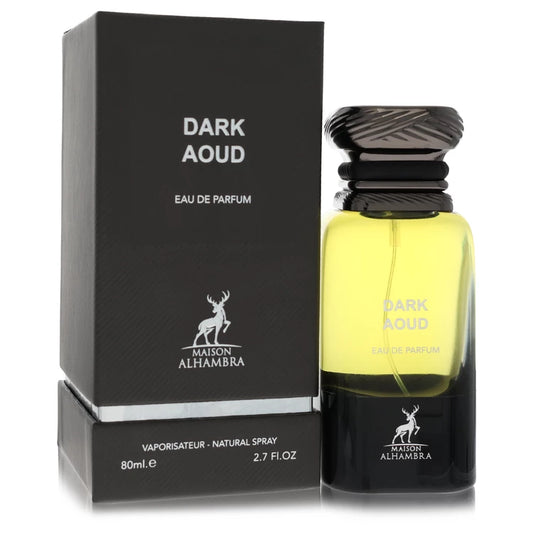 Maison Alhambra Dark Aoud perfume bottle and packaging on a white background