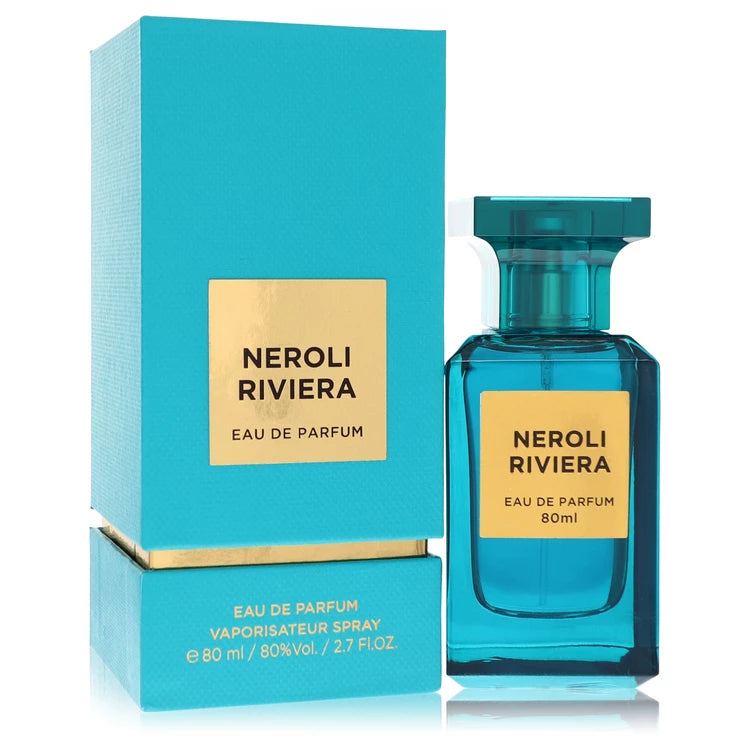 Fragrance World Neroli Riviera Cologne bottle — luxury unisex fruity floral fragrance featuring refreshing notes of lemon, orange blossom, and warm ambretta