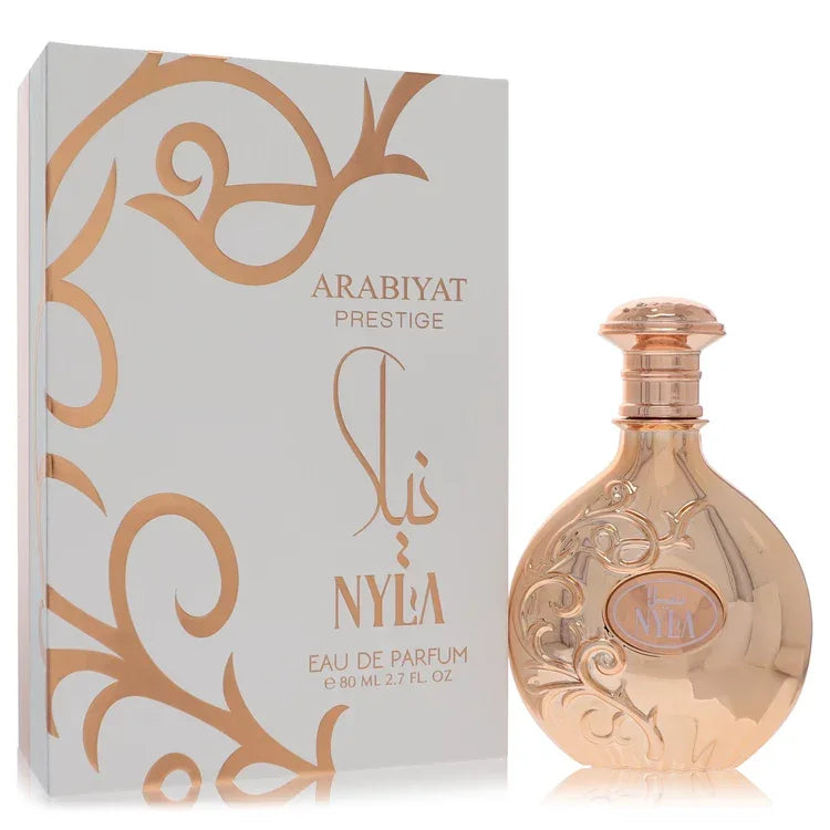 Arabiyat Prestige Nyla Perfume bottle — fruity floral musky fragrance with coconut, peach, jasmine, rose, musk, and patchouli.
