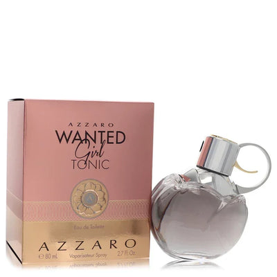 Azzaro Wanted Girl Tonic Perfume signature luxury sculpted clear glass flacon displaying its vibrant fluid levels, trigger spray system, and premium detailing against a solid background