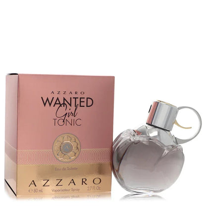 Azzaro Wanted Girl Tonic Perfume signature luxury sculpted clear glass flacon displaying its vibrant fluid levels, trigger spray system, and premium detailing against a solid background