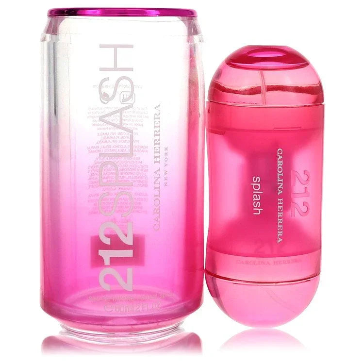 Pink Carolina Herrera 212 Splash perfume bottle and can on a white background