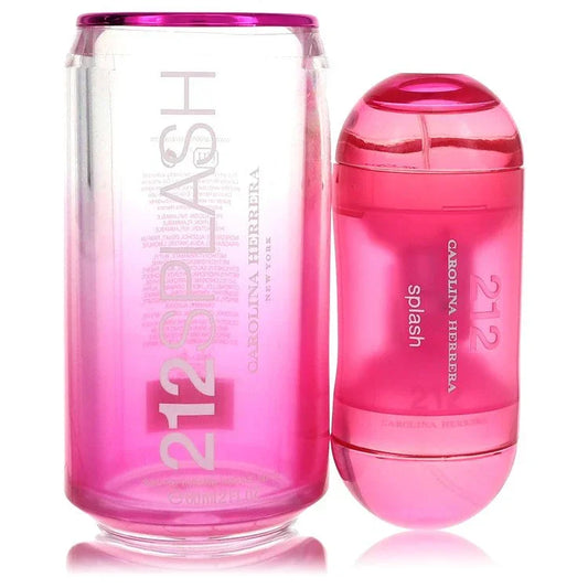 Pink Carolina Herrera 212 Splash perfume bottle and can on a white background