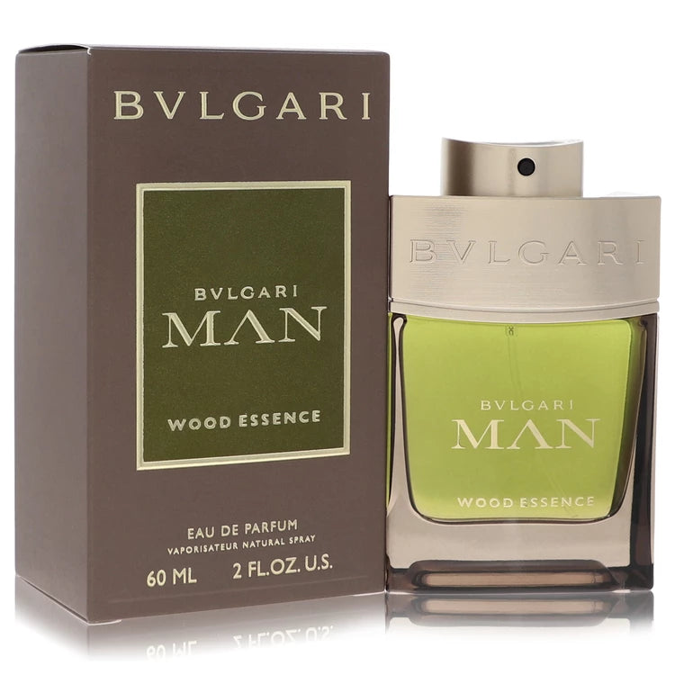 Bvlgari Man Wood Essence Eau de Parfum bottle — luxury men's woody fresh fragrance featuring zesty lemon, clean cypress, and grounding cedarwood base notes