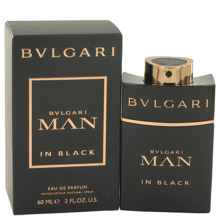 Bulgari Man in Black perfume bottle and packaging on a white background