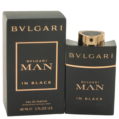 Bulgari Man in Black perfume bottle and packaging on a white background