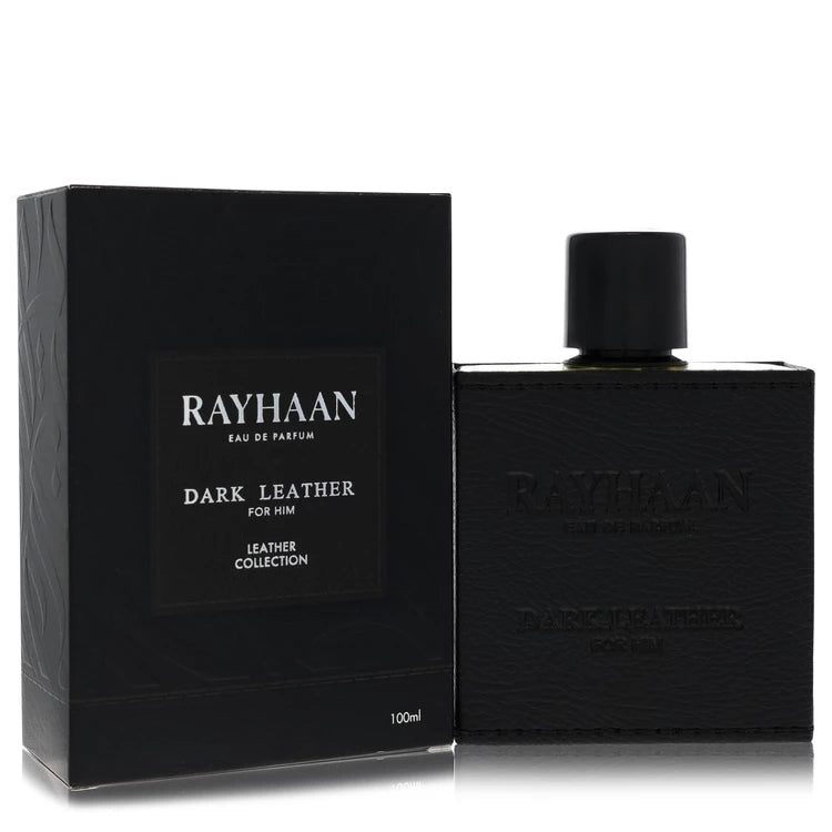 Rayhaan Dark Leather perfume bottle and packaging on a white background