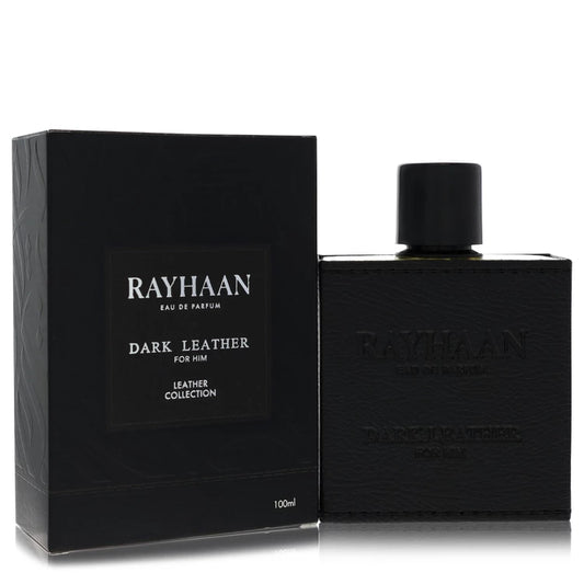 Rayhaan Dark Leather perfume bottle and packaging on a white background