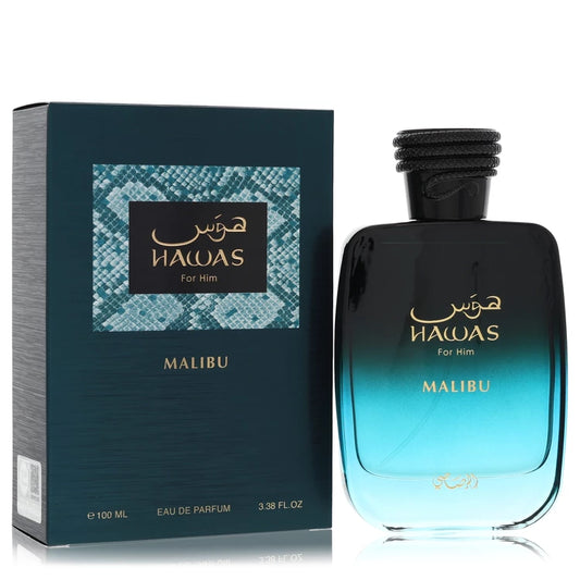 Hawas Malibu perfume bottle and packaging on a white background