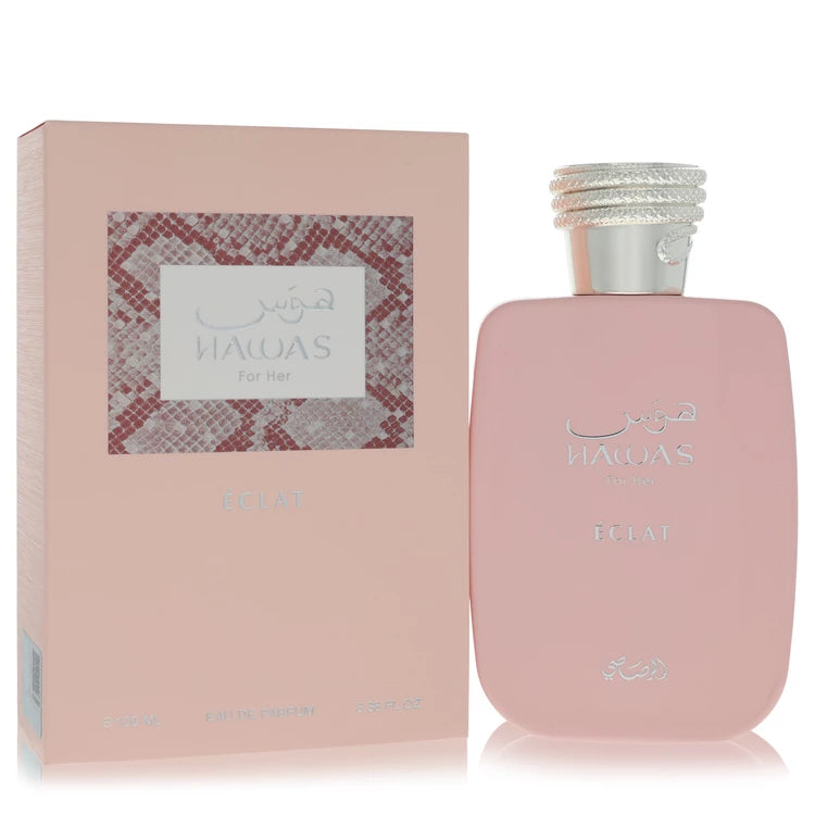 Rasasi Hawas For Her Éclat Perfume bottle — oriental floral women's fragrance with litchi, pear, bergamot, pistachio, rose, incense, vanilla, musk, and amber by Amandine Galliano