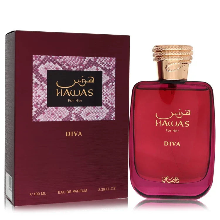 Hawas Diva perfume bottle for women by Rasasi — Fruity floral amber fragrance with berries, citrus, pear, jasmine, orange blossom, rose, vanilla, amber, musk, and soft woods notes