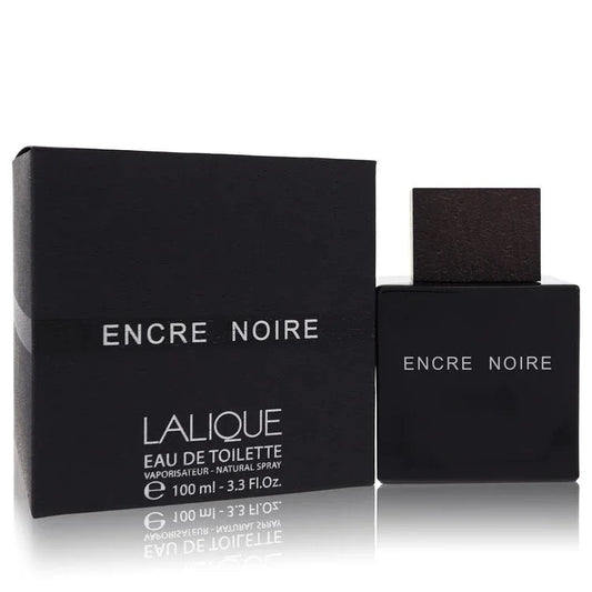 Lalique Encre Noire perfume bottle and packaging on a white background