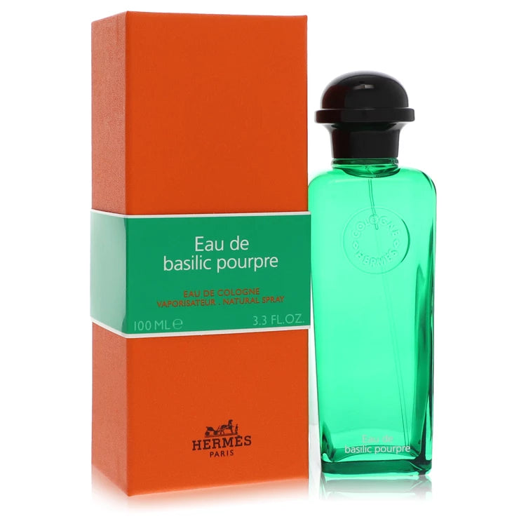 3.3 oz Hermes Eau De Basilic Pourpre Cologne bottle with bergamot, basil, geranium, patchouli and warm spices
