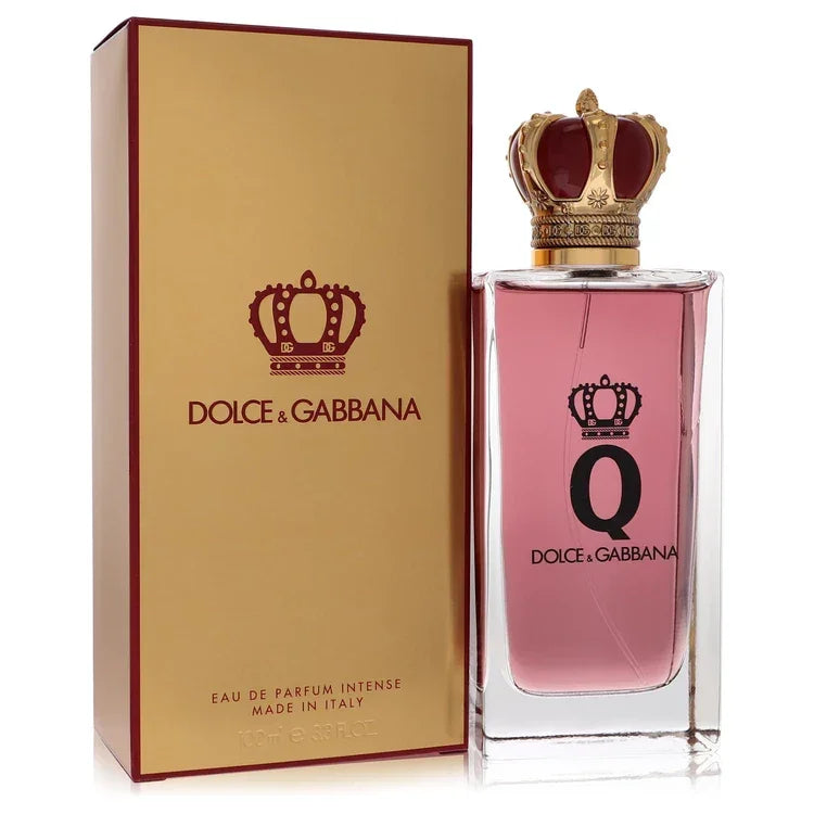 Dolce & Gabbana perfume bottle with gold crown and matching packaging on a white background