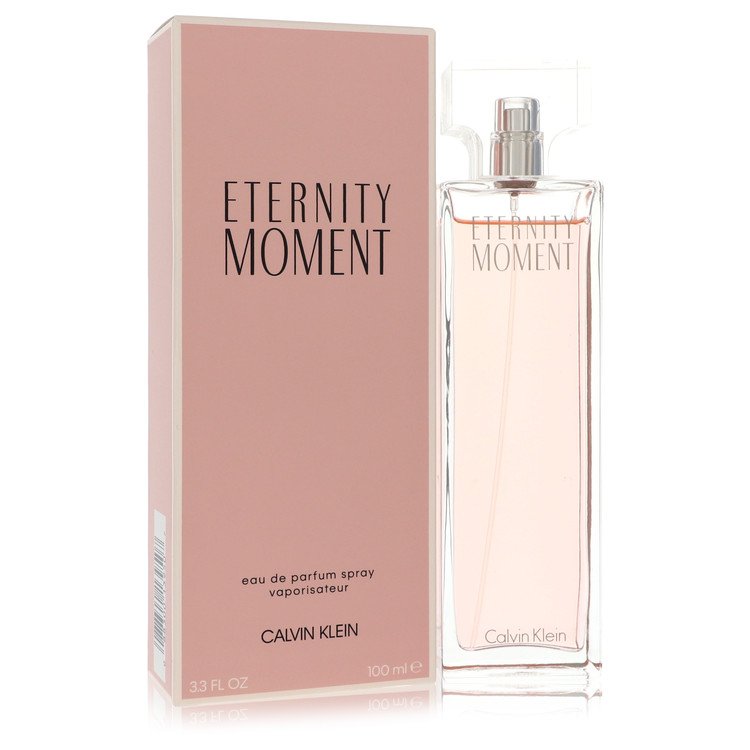 Calvin Klein Eternity Moment perfume bottle and packaging on a white background
