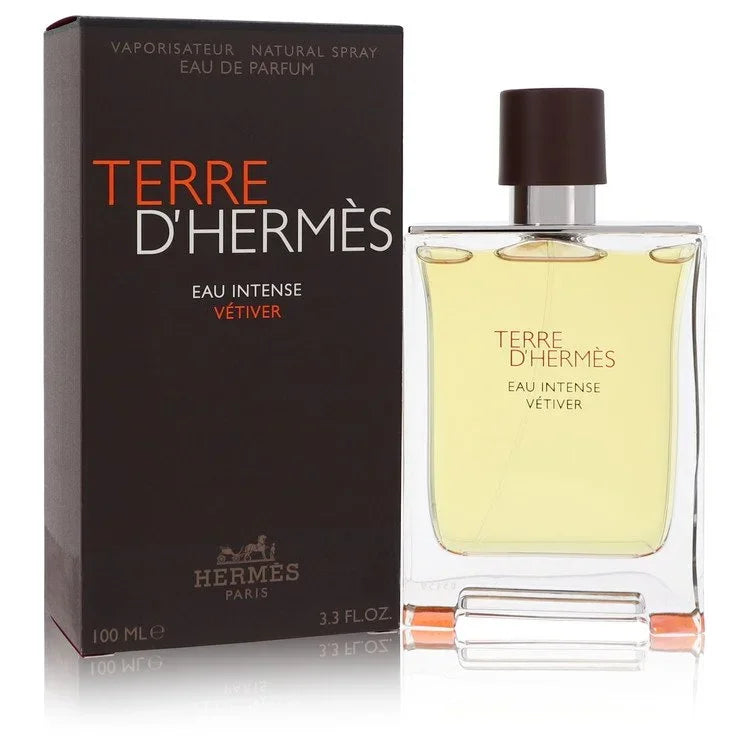 Hermes Terre d'Hermes Eau Intense Vetiver perfume bottle and packaging on a white background