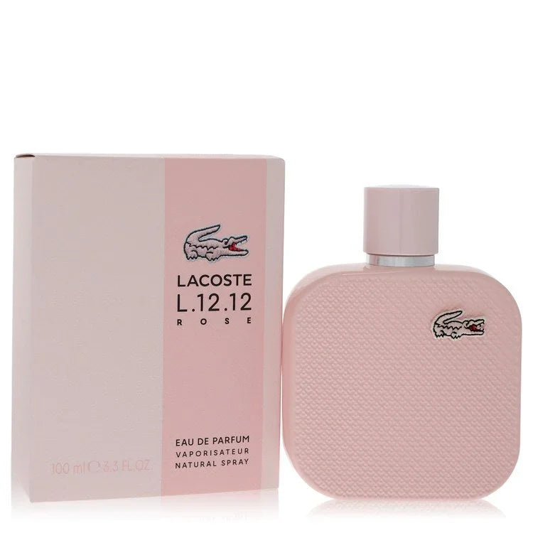 Pink Lacoste L.12.12 Rose perfume bottle and packaging on a white background