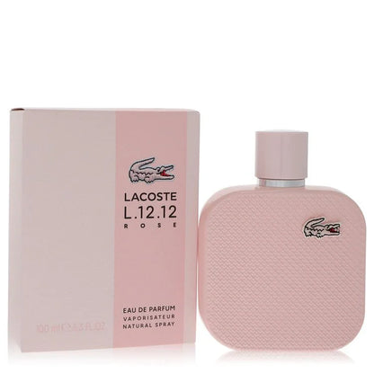 Pink Lacoste L.12.12 Rose perfume bottle and packaging on a white background