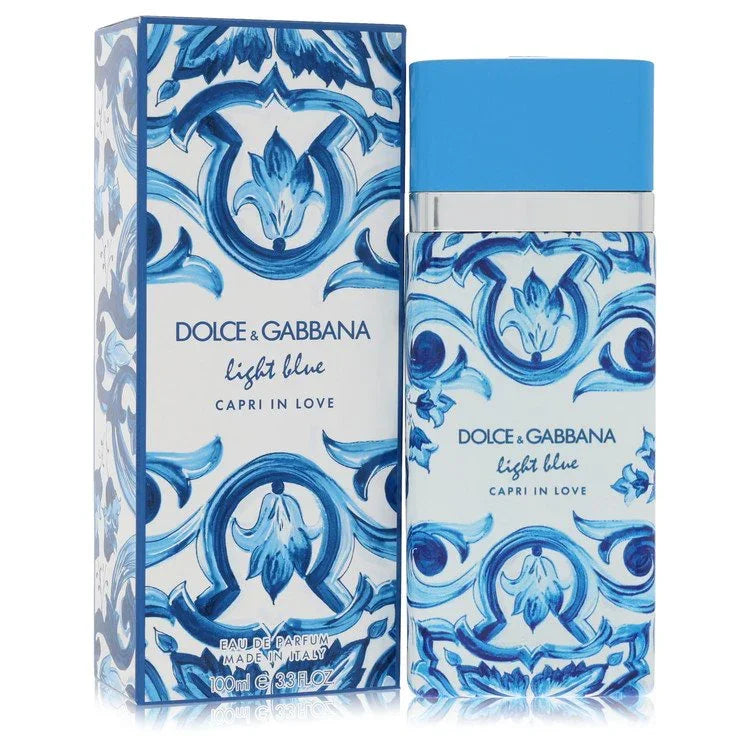 Dolce & Gabbana Light Blue Capri in Love perfume bottle and packaging with blue and white design.