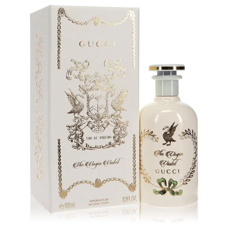 Gucci The Virgin Violet eau de parfum bottle and packaging on a white background, a delicate floral fragrance