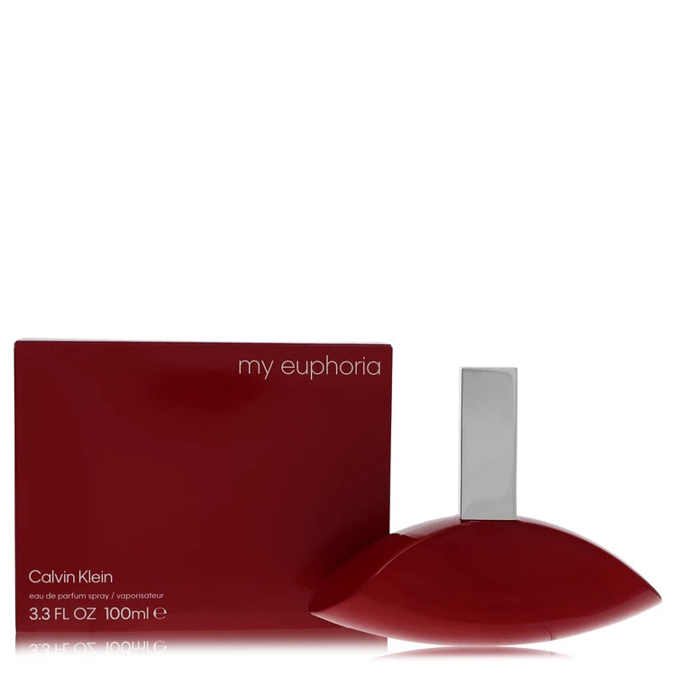 Red Calvin Klein 'my euphoria' perfume bottle and packaging on a white background