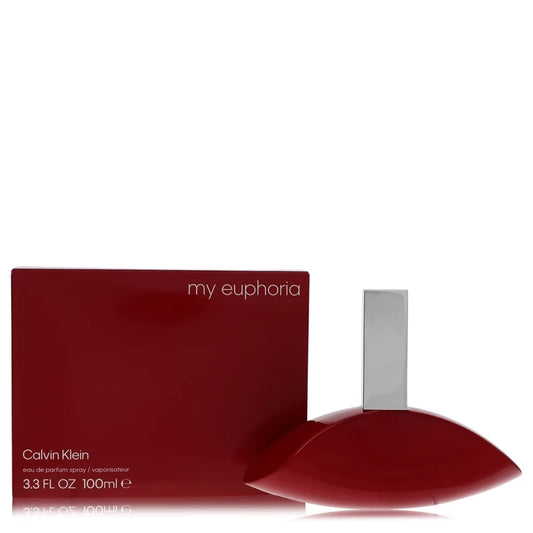 Red Calvin Klein 'my euphoria' perfume bottle and packaging on a white background