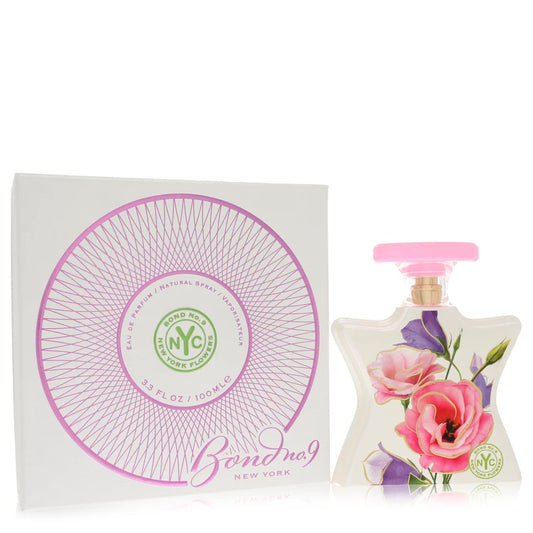 Bond No. 9 New York Flowers Eau de Parfum bottle - Women's floral fresh fragrance with grapefruit, bergamot, green leaves, rose, jasmine, lily of the valley, peony, musk, sandalwood, and white amber