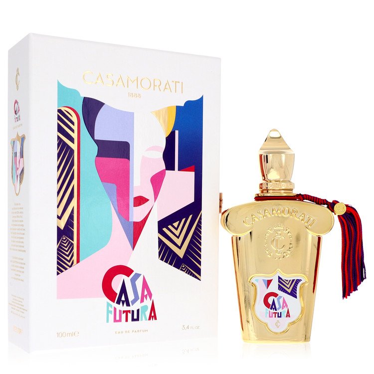 Gold perfume bottle with colorful packaging on a white background