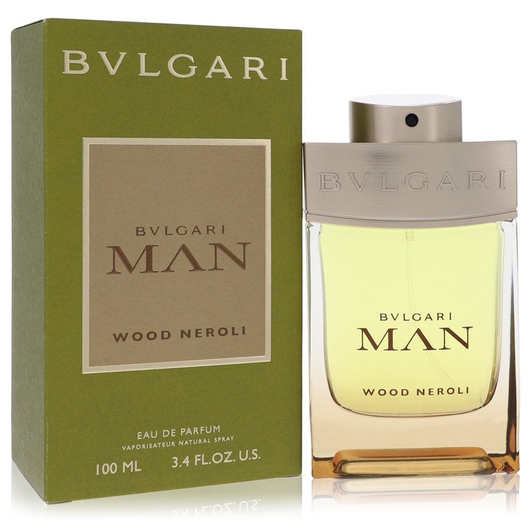 Bulgari Man Wood Neroli perfume bottle and packaging on a white background