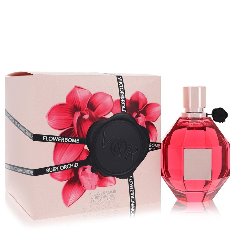 Viktor & Rolf Flowerbomb Ruby Orchid perfume bottle and packaging on a white background