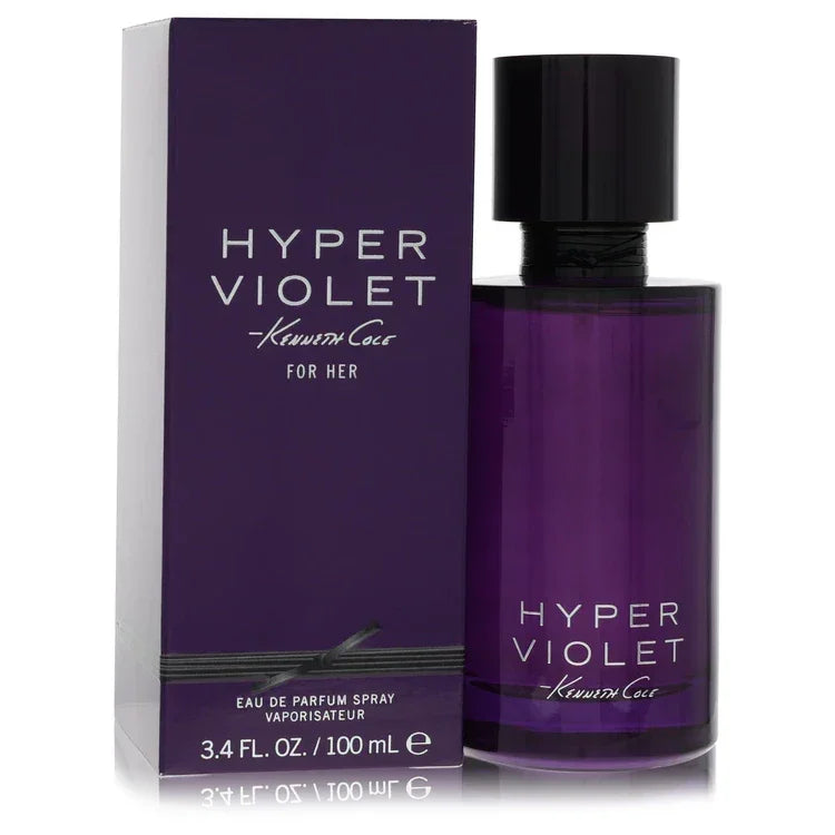 Kenneth Cole Hyper Violet Eau de Parfum bottle in luxury clear glass — floral fruity fragrance with violet, juicy berries, and sandalwood.
