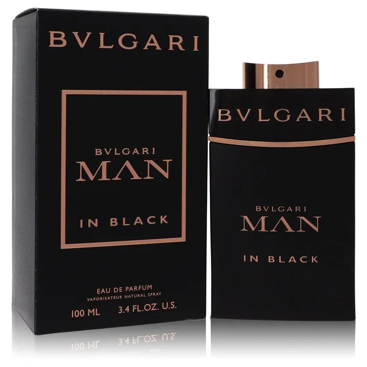Bulgari Man in Black perfume bottle and packaging on a white background