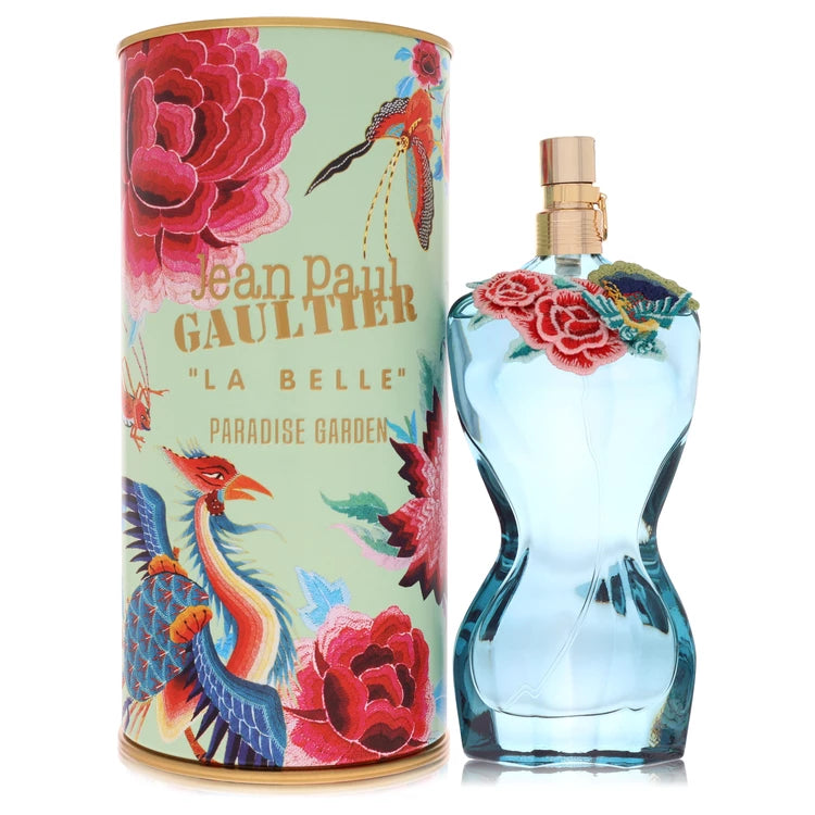 Jean Paul Gaultier La Belle Paradise Garden Perfume signature luxury torso flacon displaying its premium embroidered couture floral necklace design detailing