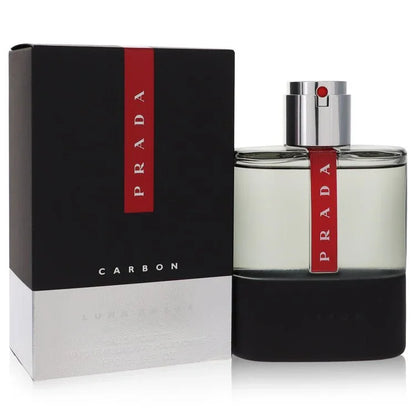 Prada Luna Rossa Carbon Cologne elegant glass and black matte bottle — modern aromatic fougere fragrance featuring bergamot, pepper, lavender, soil tincture, metallic notes, ambroxan, and patchouli notes