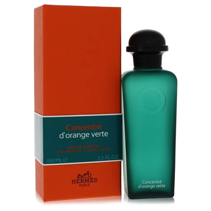 Hermes Concentre d'Orange Verte perfume bottle and packaging on a white background