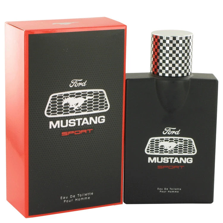 3.4 oz Mustang Sport Cologne bottle - woody spicy men's Eau de Toilette with bergamot, grapefruit, black pepper, cardamom, sandalwood and musk

