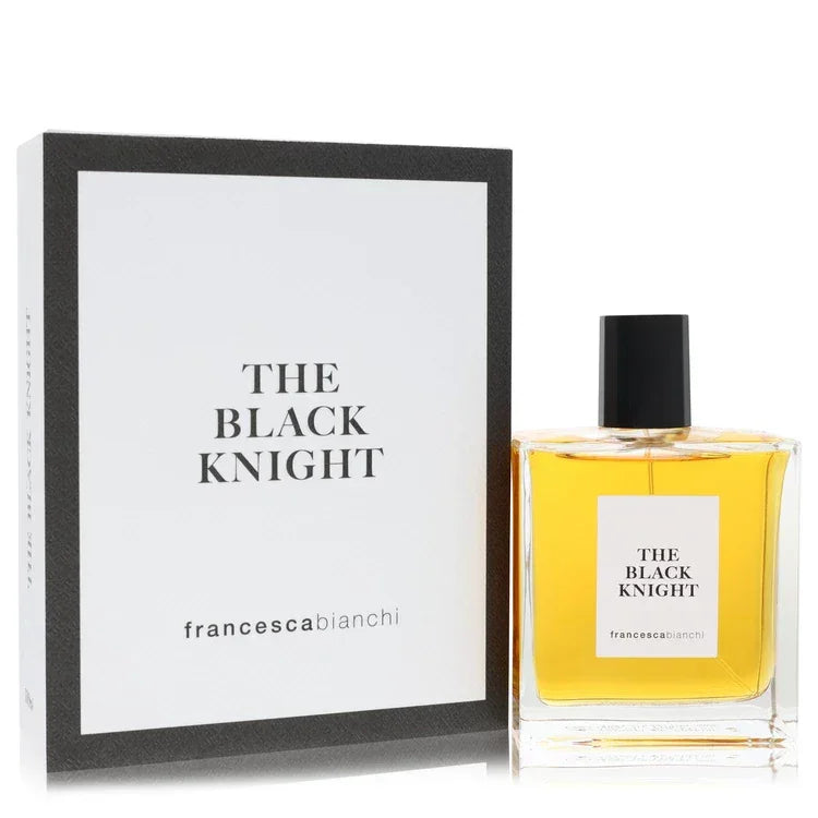 Francesca Bianchi The Black Knight Cologne luxury geometric glass flacon showcasing its deep golden extract contents on a clean backdrop