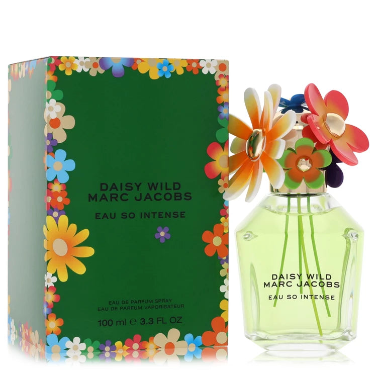 Marc Jacobs Daisy Wild Eau So Intense Eau de Parfum bottle - Women's floral fresh woody fragrance with green notes, bright citrus, wildflowers, jasmine, warm woods, creamy musk, and amber