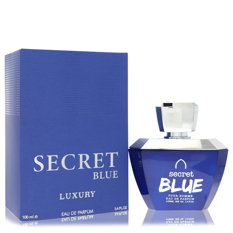 Khalis Secret Blue Luxury Collection Eau de Parfum bottle - Middle Eastern woody floral fragrance with citrus, bergamot, lemon, lavender, geranium, jasmine, sandalwood, amber, and musk