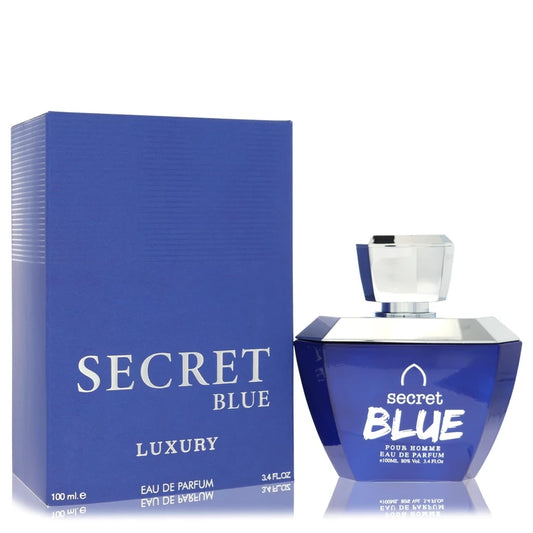 Khalis Secret Blue Luxury Collection Eau de Parfum bottle - Middle Eastern woody floral fragrance with citrus, bergamot, lemon, lavender, geranium, jasmine, sandalwood, amber, and musk