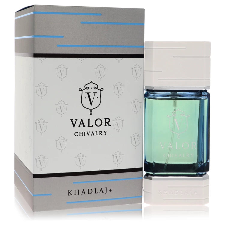Khadlaj Valor Chivalry Eau de Parfum bottle — fresh chypre fragrance with bergamot, pineapple, pepper, jasmine, lily of the valley, patchouli and cedarwood
